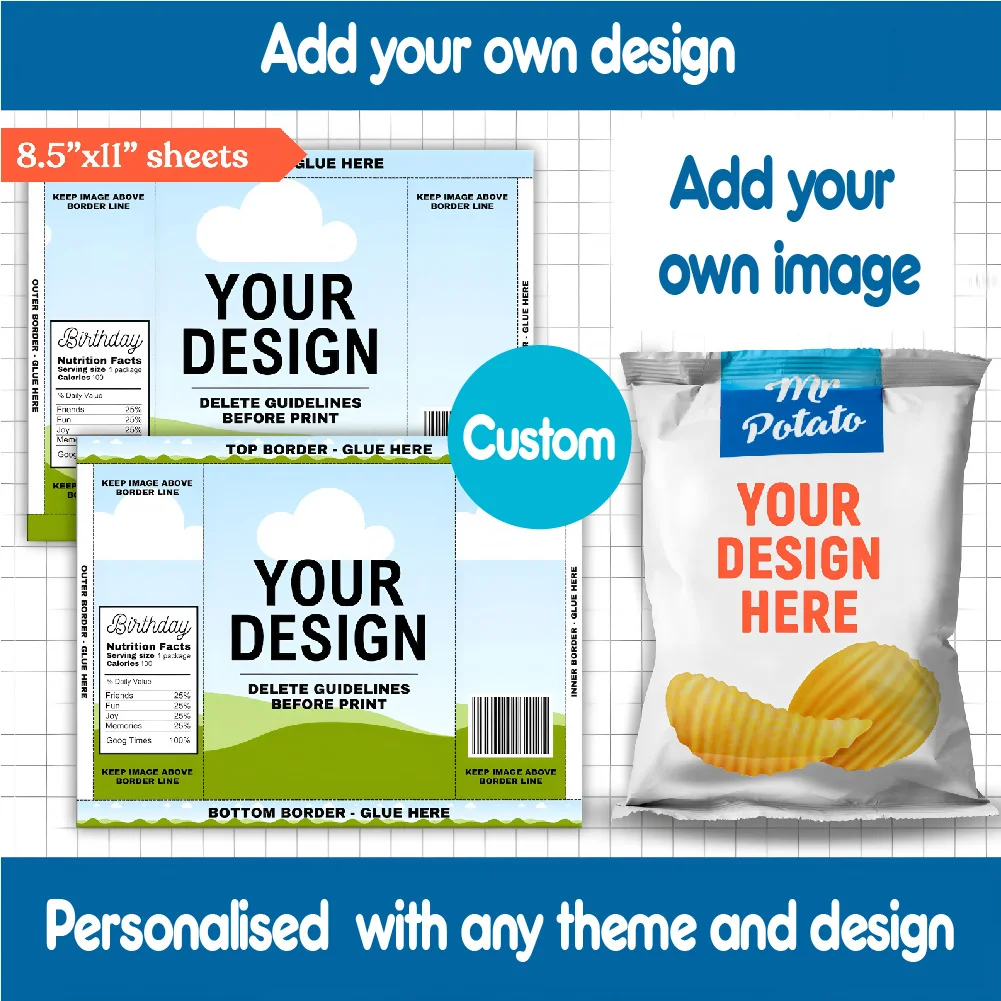 رقائق مخصصة حقيبة المجمع أكياس رقاقة شخصية هدايا الحفلات لأعياد الميلاد استحمام الطفل حفلات الزفاف رقائق البطاطس وجبات خفيفة أي موضوع