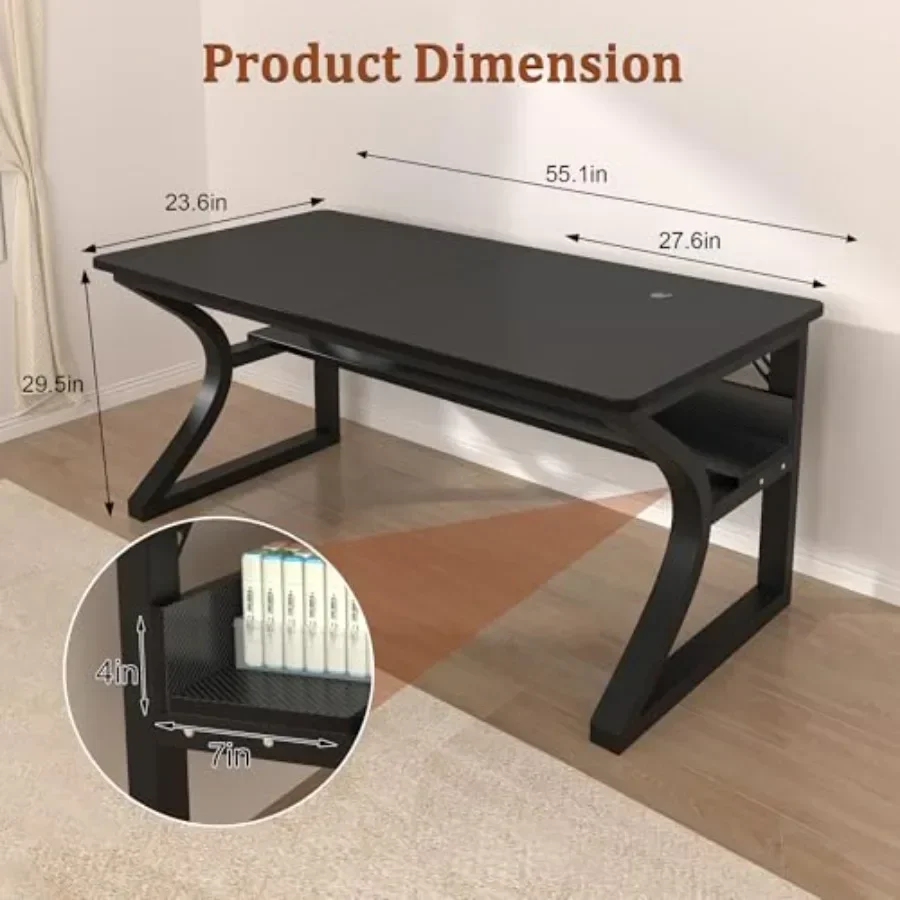 47 inch Home Office Desk with Storage Shelf, Steel U-Shaped Frame, Black, Sturdy Cable-Managed Gaming Desk for Office Bedroom