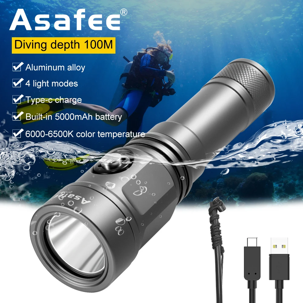 Asafee DT15Max Professional High Powerful Diving Flashlight Rechargeable Dive Small Torch Underwater 150m For Deep Water Diving