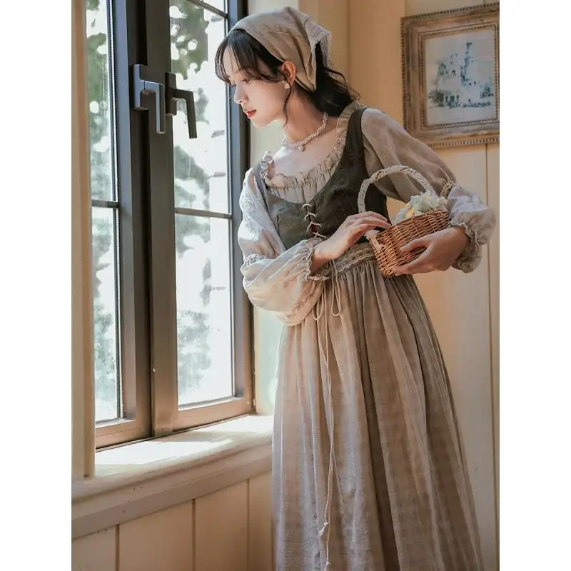 Medieval Cotton Linen Dress Woman Vintage Classical French Style Prairie Chic Mori Girl Lawn Dresses Retro Vestido Festa Set
