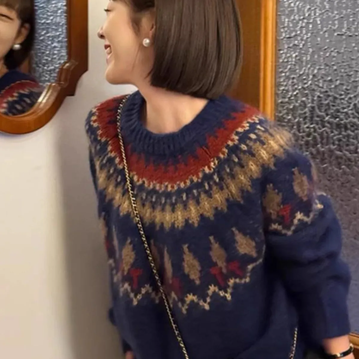 Grauer gestrickter Mohair-Jacquard-Pullover für Damen im Herbst und Winter, lockeres Lazy-Top