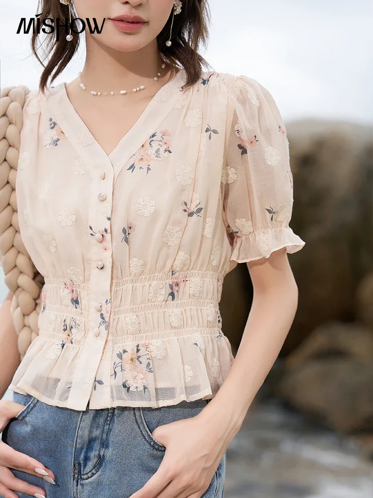 MISHOW Short Sleeved Embroidered Flower Blouses Summer 2023 Ruffles French Chic V-neck Puff Sleeve Waist Elegant Top MXC38X0048