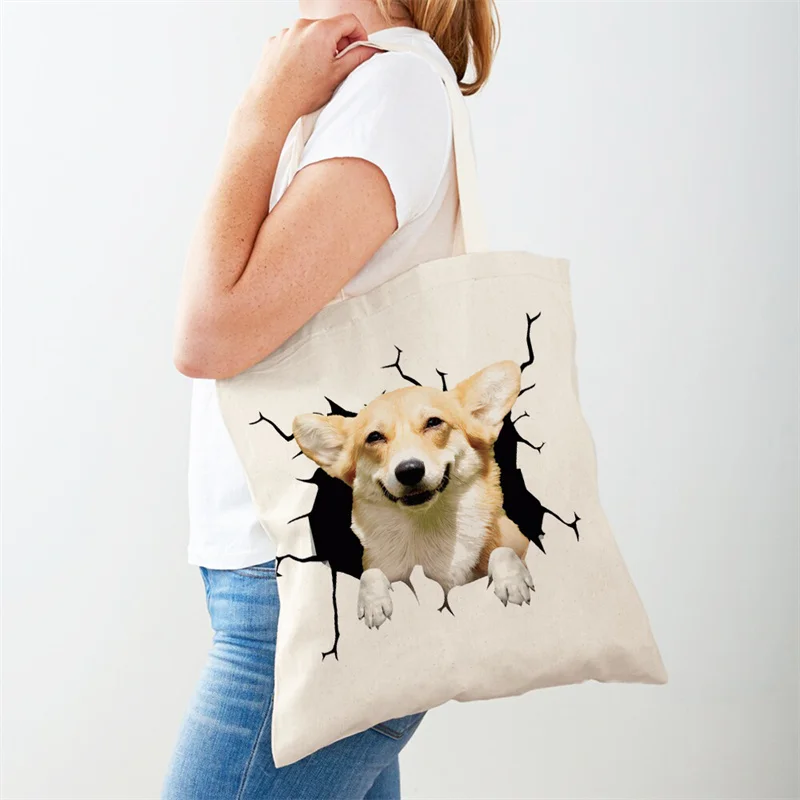 3D Dog Women\'s Shoulder Bag Cartoon Printing Eco Shopping Ladies Canvas Tote Bag Portable Pet Casual Large Capacity Shopping Bag