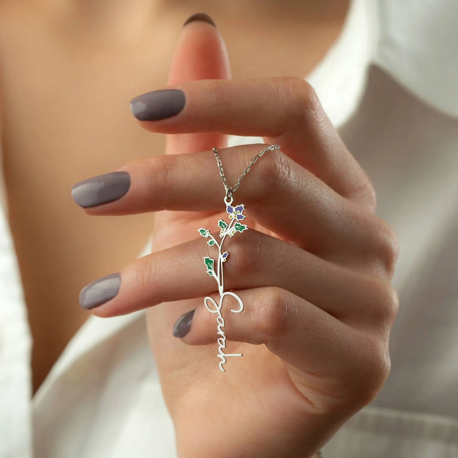 

Personalized Colorful Dripping Oil Birth Flower Pendant - Custom Name Engraving Stainless Steel Necklace