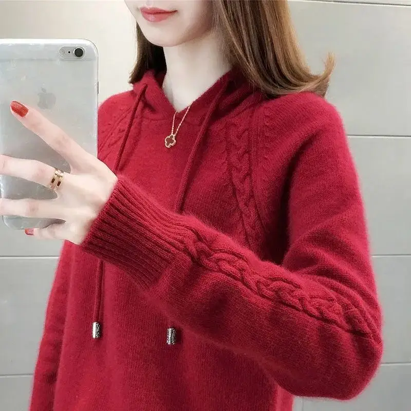 Autumn Winter New Fashion Hooded Solid Color Long Sleeve Pullovers Women\'s Clothing Korean Simplicity Youth Knitting Warm Tops