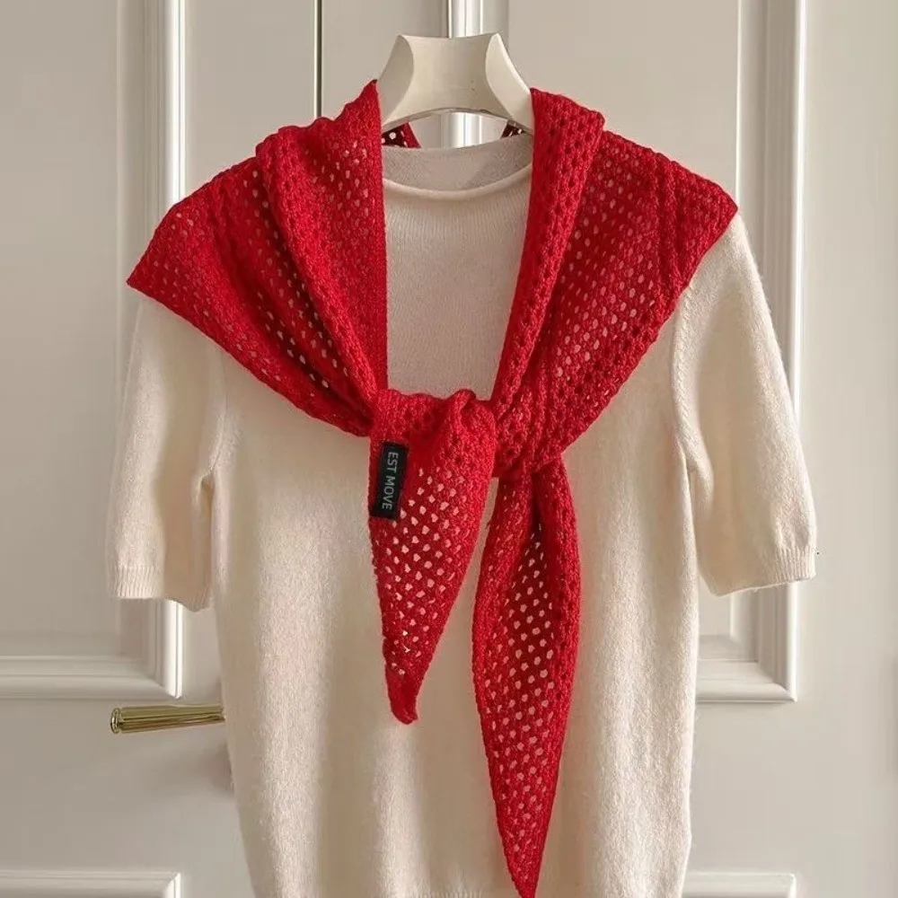 Hollow Out Knit Hollow Out Shawl 2 in 1 Design Lightweight Mesh Triangle Shawl Pompom Detail Layering Cover Up Waist Wrap Belt