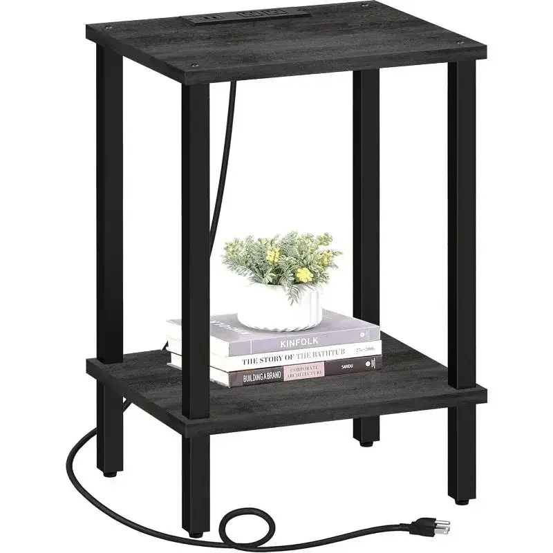 

Small Table with Charging Station, Side Table with USB Ports and Outlets, Nightstand, 2-Tier Storage Shelf, Sofa Table