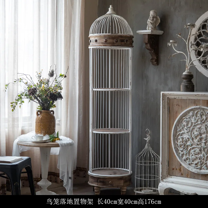 Retro iron birdcage storage rack floor-standing american solid wood bookshelf living room balcony decorative cabinet