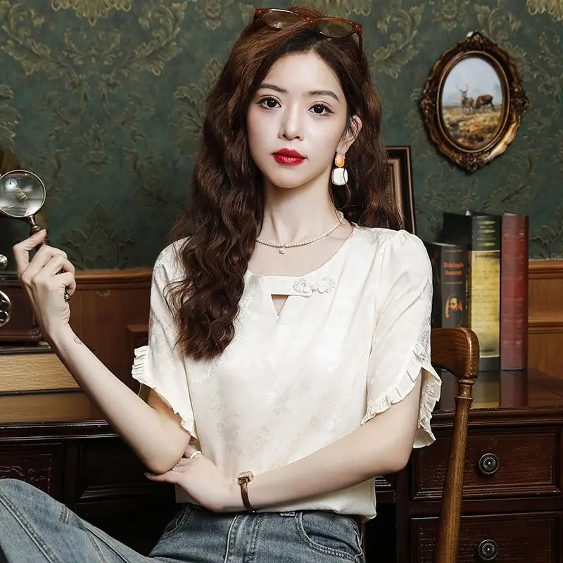 New Chinese Style Black Ears with Chinese Style Short-sleeved Chiffon Shirt for Women in Summer Fashion and Chic Buttoned Top