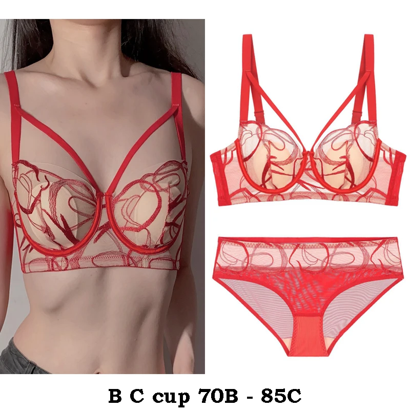 

high quality sexy women bras and brief set push up lace B C cup comfortable wire summer lingerie underwear black red pink