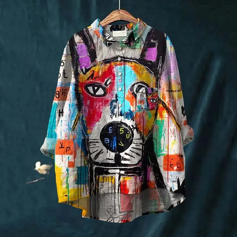Vintage Cute Dog Scrawled Puppy Art Print Casual And Linen Shirt 3D Printed Casual Lapel Blouse