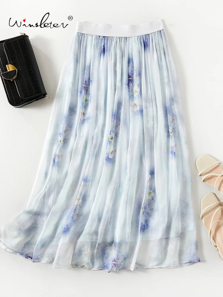 

Winsleter-Women 100% Silk Elegant Skirts, Elastic Waist Floral Print, Beach Vacation Chic A-line Skirt, 2025 Autumn New B59133CC