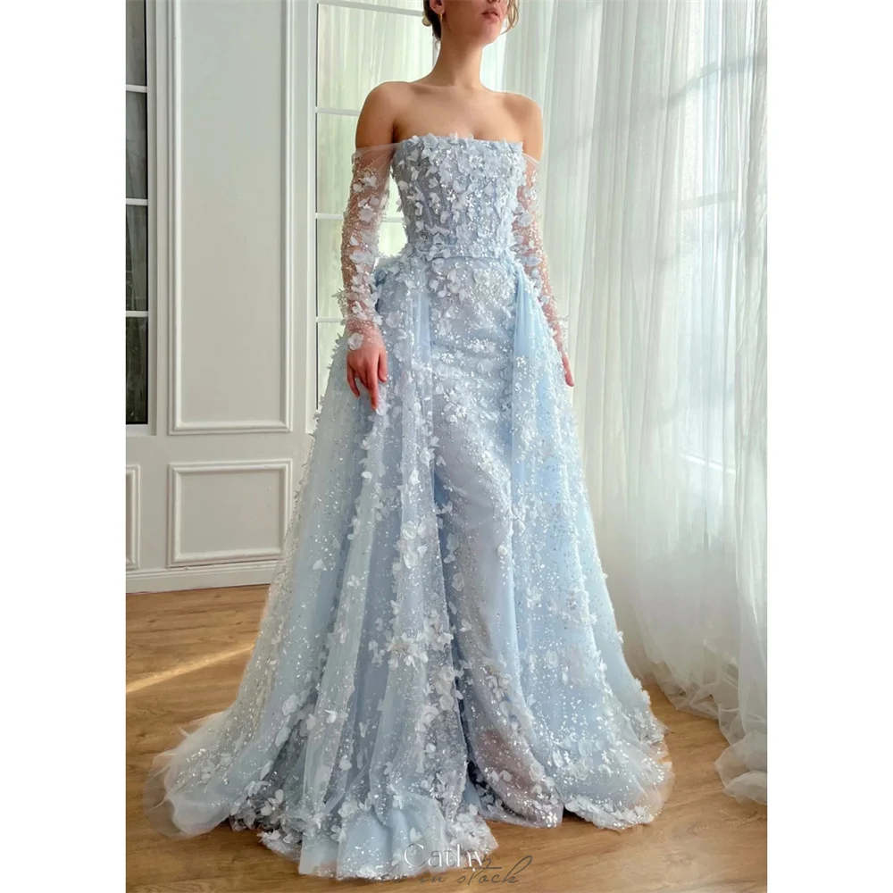 

Высокое качество с открытыми плечами и 3D цветами, блестящие стразы, платья для выпускного вечера, платья трапециевидной формы, платье с рукавами и шлейфом по индивидуальному заказу