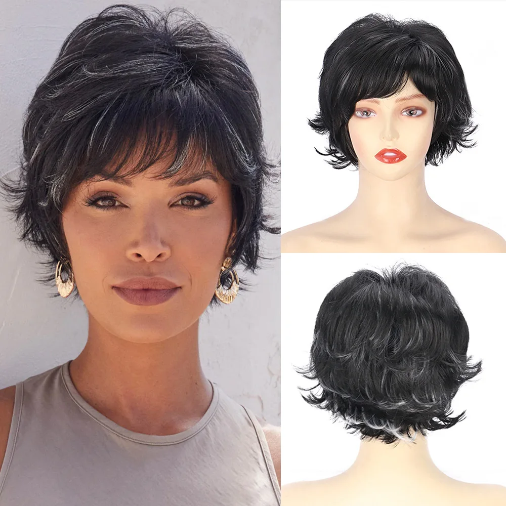 

Women's Black and White Mixed Short Curly Wig, Side Part, Flip Ends, Synthetic Fiber, Stylish and Trendy Hairpiece