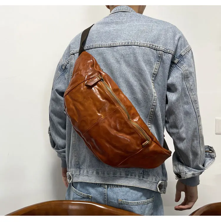 

Мужская большая нагрудная сумка из воловьей кожи растительного дубления для путешествий на открытом воздухе, модная сумка через плечо из натуральной кожи, повседневная мотоциклетная сумка через плечо