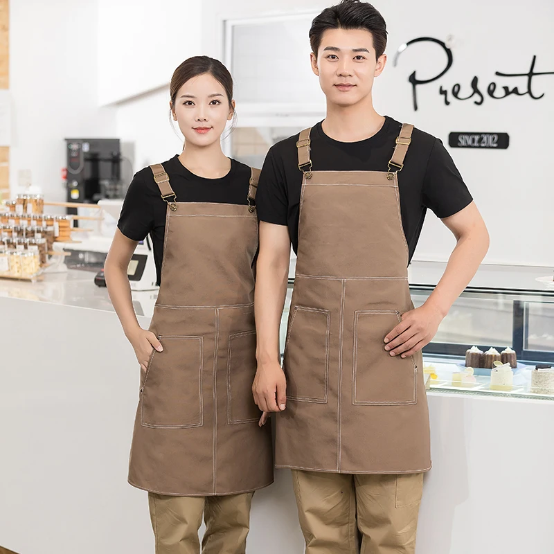 Customized Logo Pattern Polyester Cotton Canvas Apron Size 80cm*65cm Kitchen Aprons Mandiles Grill Apron  Bib with Pocket