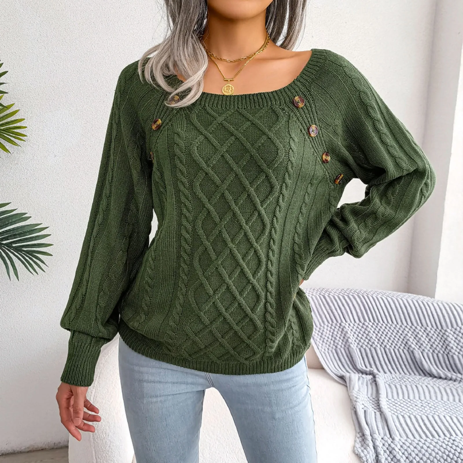 Women Sweater Pullover Square Neck Button Cable Knit Long Sleeve Casual Loose Sweaters Crochet Tops Commuter Sweatshirt Jumper