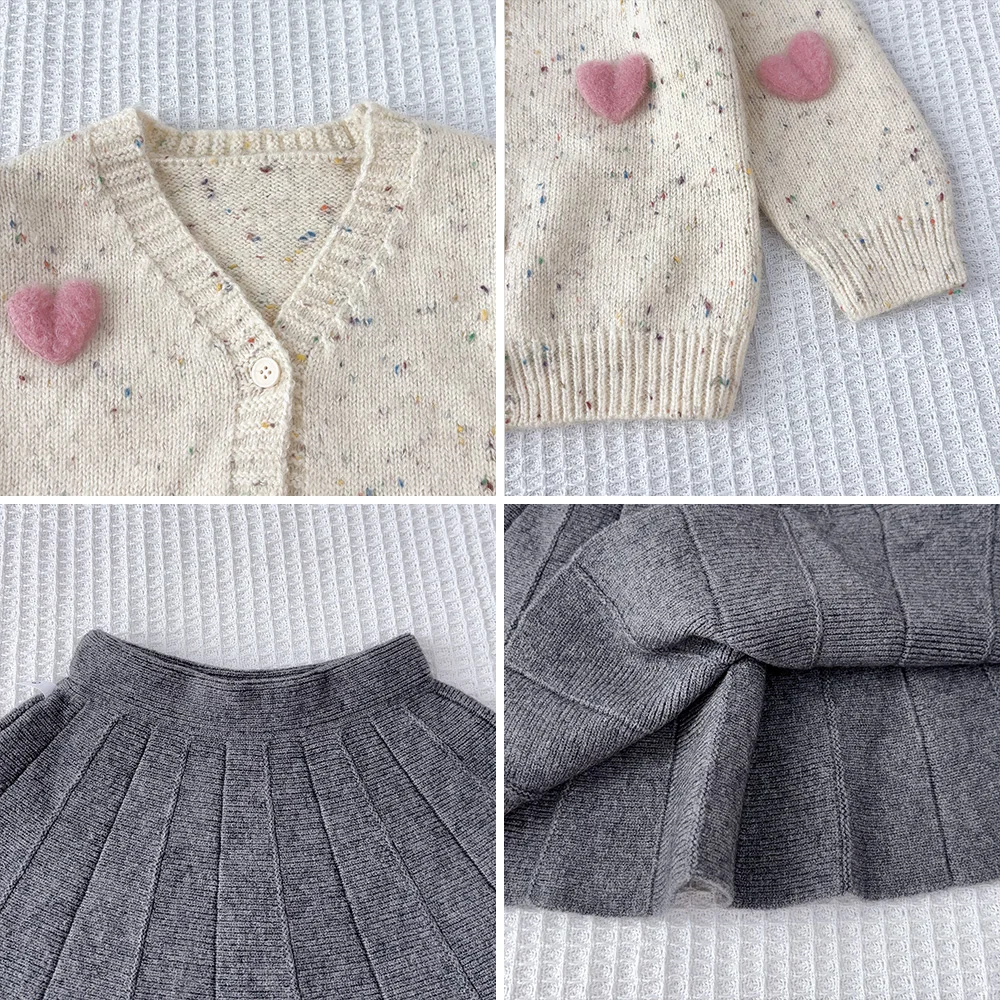 Bear Leader Kids Clothes Girls Pink Heart Decoration V-neck Cardigan+Gray Short Skirt Autumn and Winter New Children\'s Sets