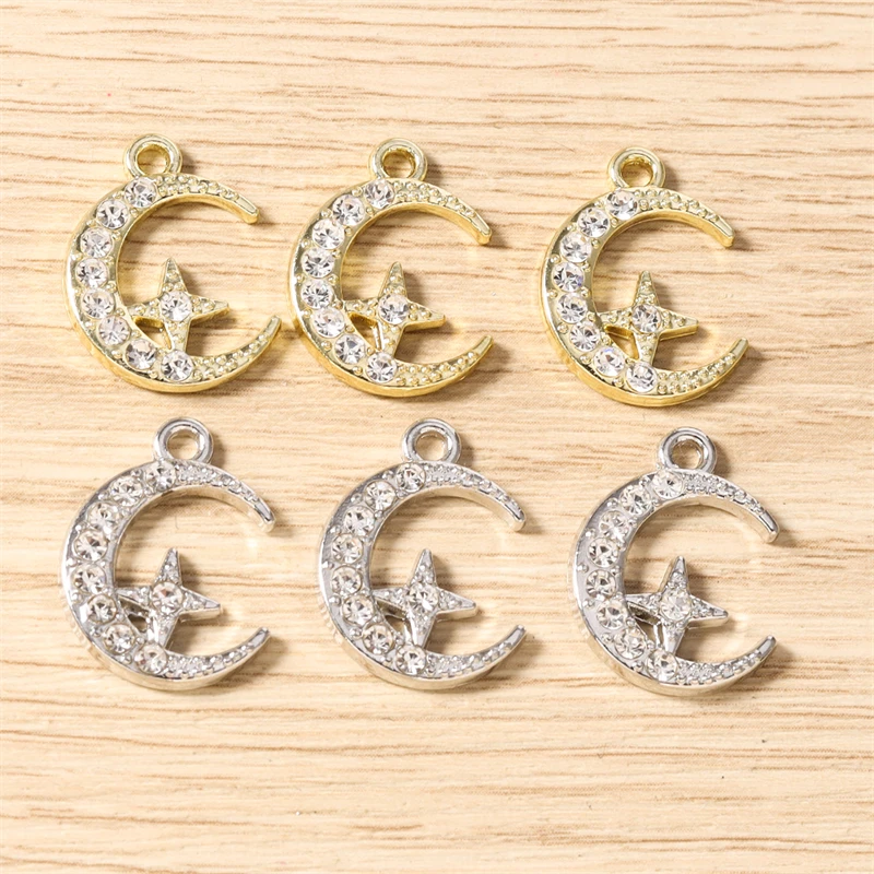 5 Stück 14x19mm Niedliche Kristall-Metal-Mond-Stern-Anhänger für Schmuckherstellung, Ohrringe, Anhänger, Halsketten, Armbänder, DIY-Bastelzubehör – Detail 2