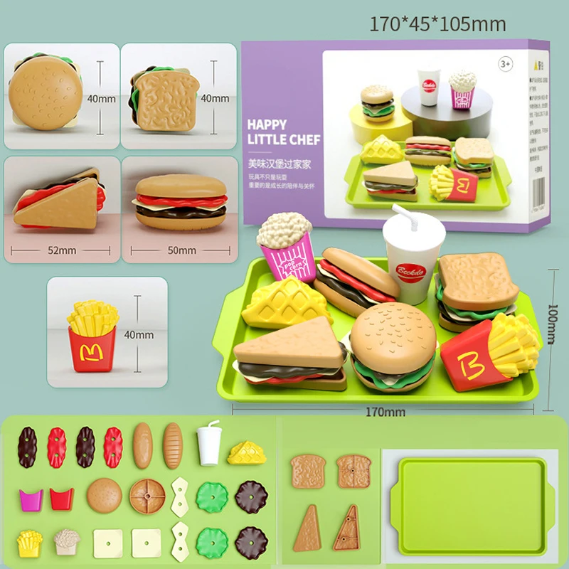 Creative Kitchen Play Set for Kids，Mini Hamburger Assembly Toys with Sandwich & Fries，Educational Pretend Food for Cooking Games