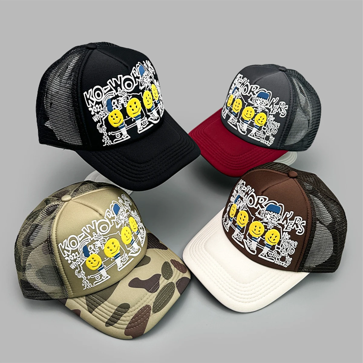 

Smiling Face 3D Printed Letter Baseball Hats New Unisex Color Block Sunshade Hip Hop Breathable Mesh Versatile ins Trucker Caps