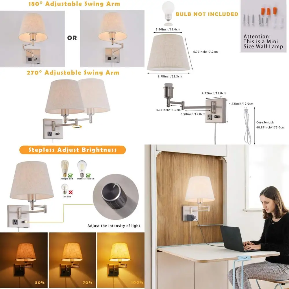 

Swing Arm Wall Sconce with Dimmable Switch, Fabric Shade, USB Port, and Plug-in Cord, Satin Nickel Lamp for Bedrooms and Living