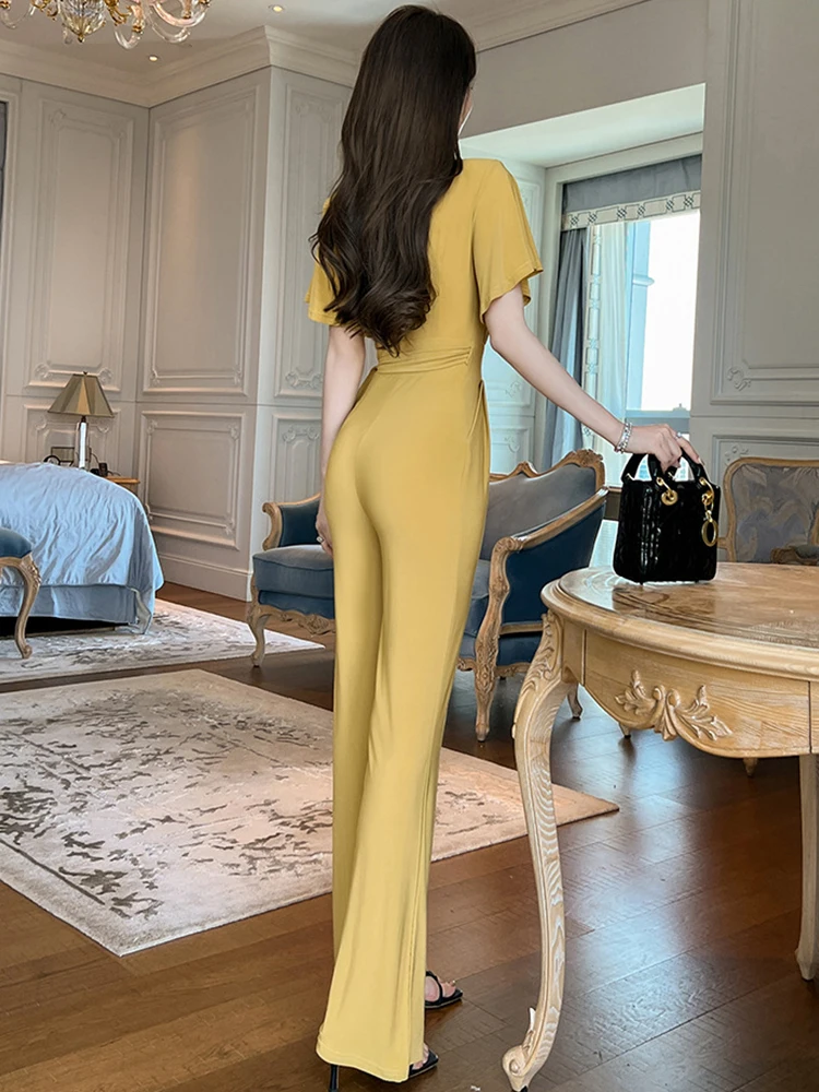 Elegant Sweet Maxi Jumpsuit Women OL Professiona Yellow Short Pockets High Waist Long Pants Female Street Party Rompers Mujer