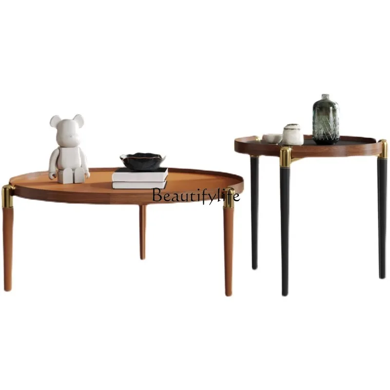 

Light luxury round coffee table combination small apartment modern household saddle leather edge table