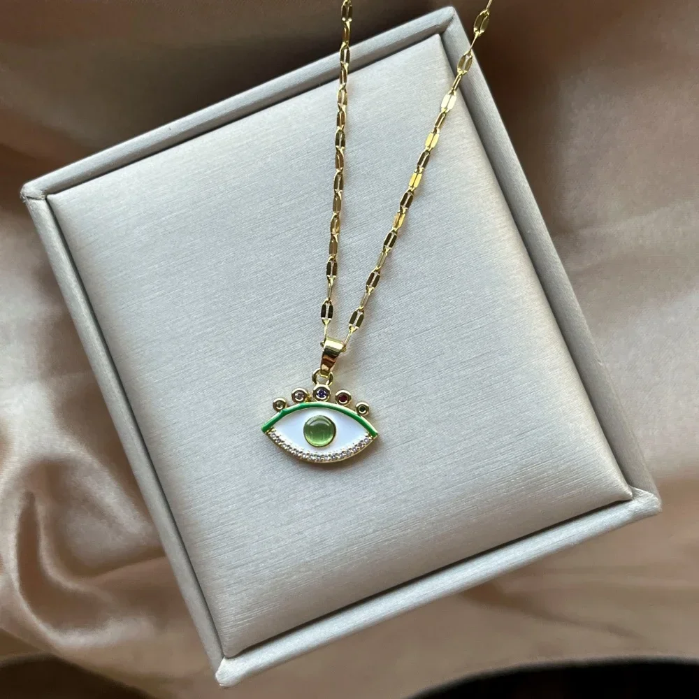 Stainless Steel Chain Simple White Enamal Zircon Eye Pendant Necklace for Women Fashoin Jewelry Accessories Gifts