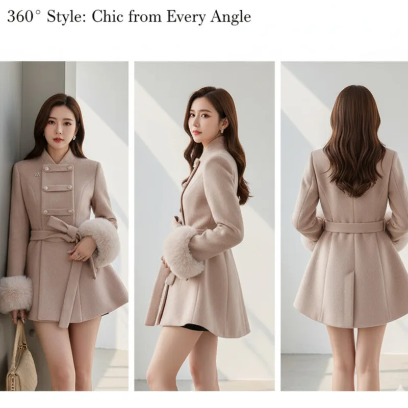 

Korean Bow Coat Y2K Detachable Cape Girl Wool Blend A-Line Peacoat Girl Magical Witch Long Sleeve Stand Collar Outerwear Top New