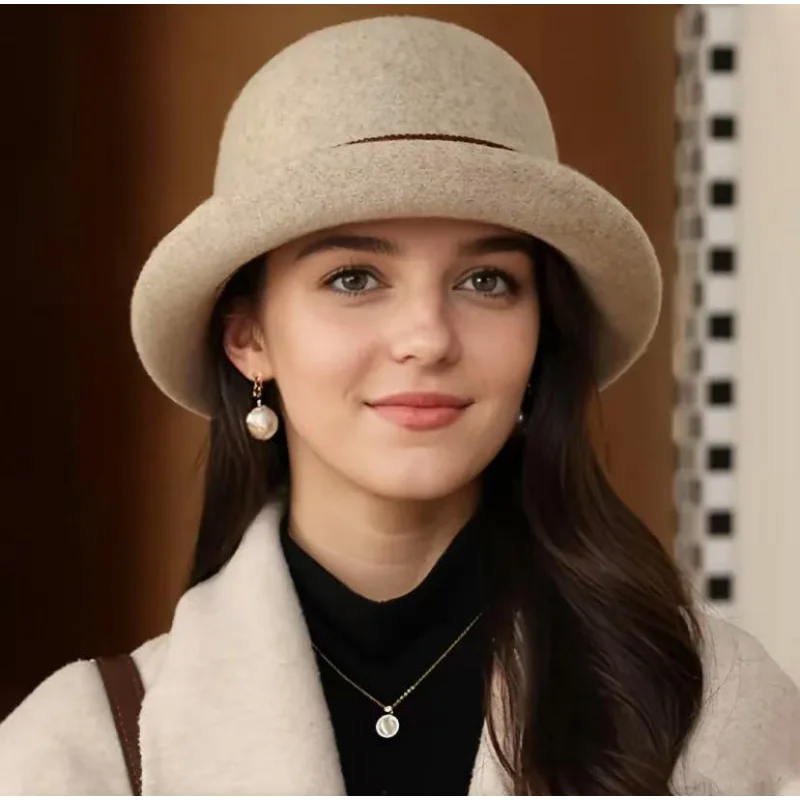 

Autumn Winter Woman New Korean Style Felt Hat Round Top Fashion Upturned Brim Small Top Hats Women Wool Basin Caps
