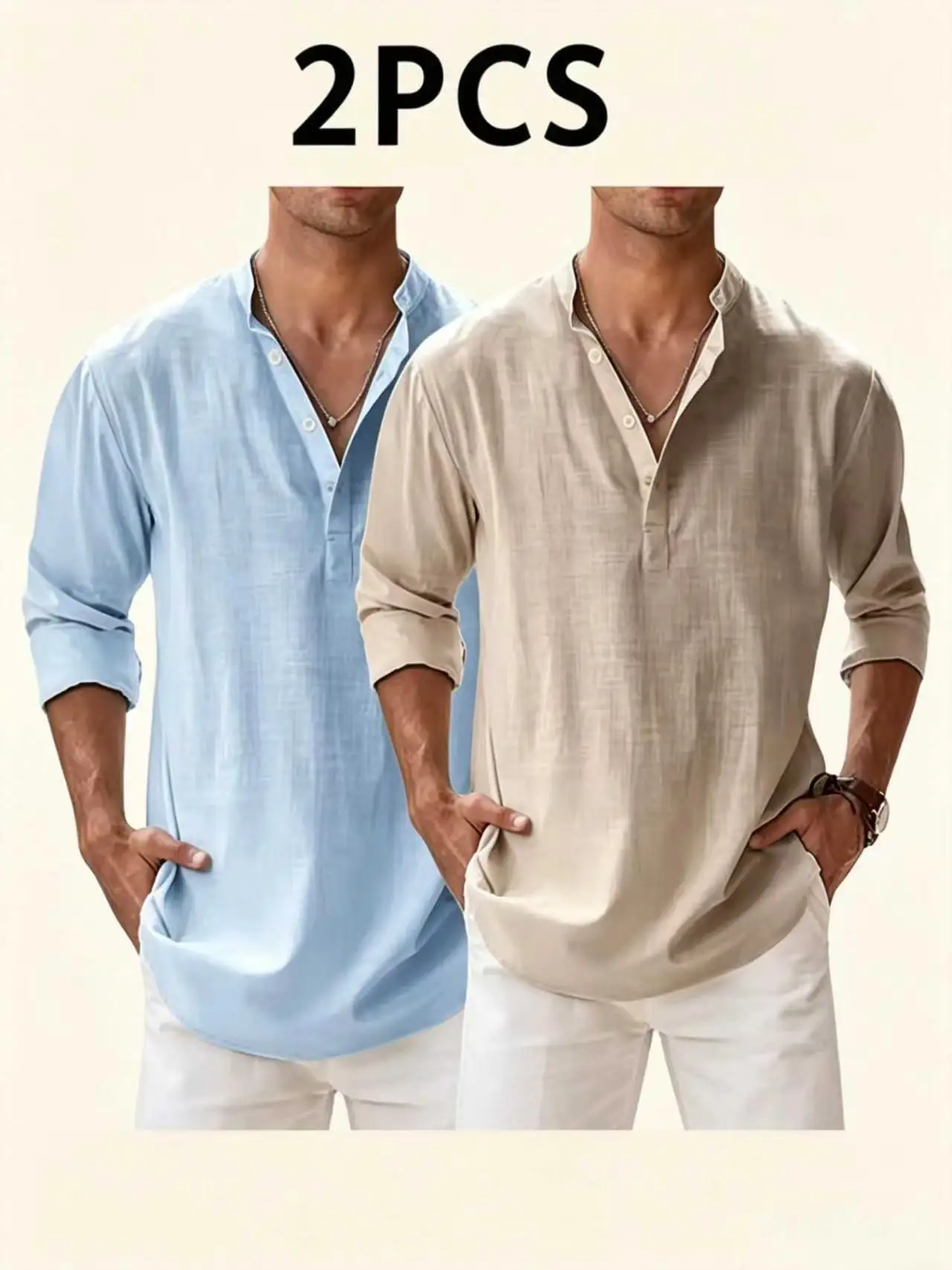 2pcs Men's Mandarin Collar Cotton Linen Henley Shirts lightweight Three Quarter Sleeve Breathable Casual Beach Vacation Solid Co