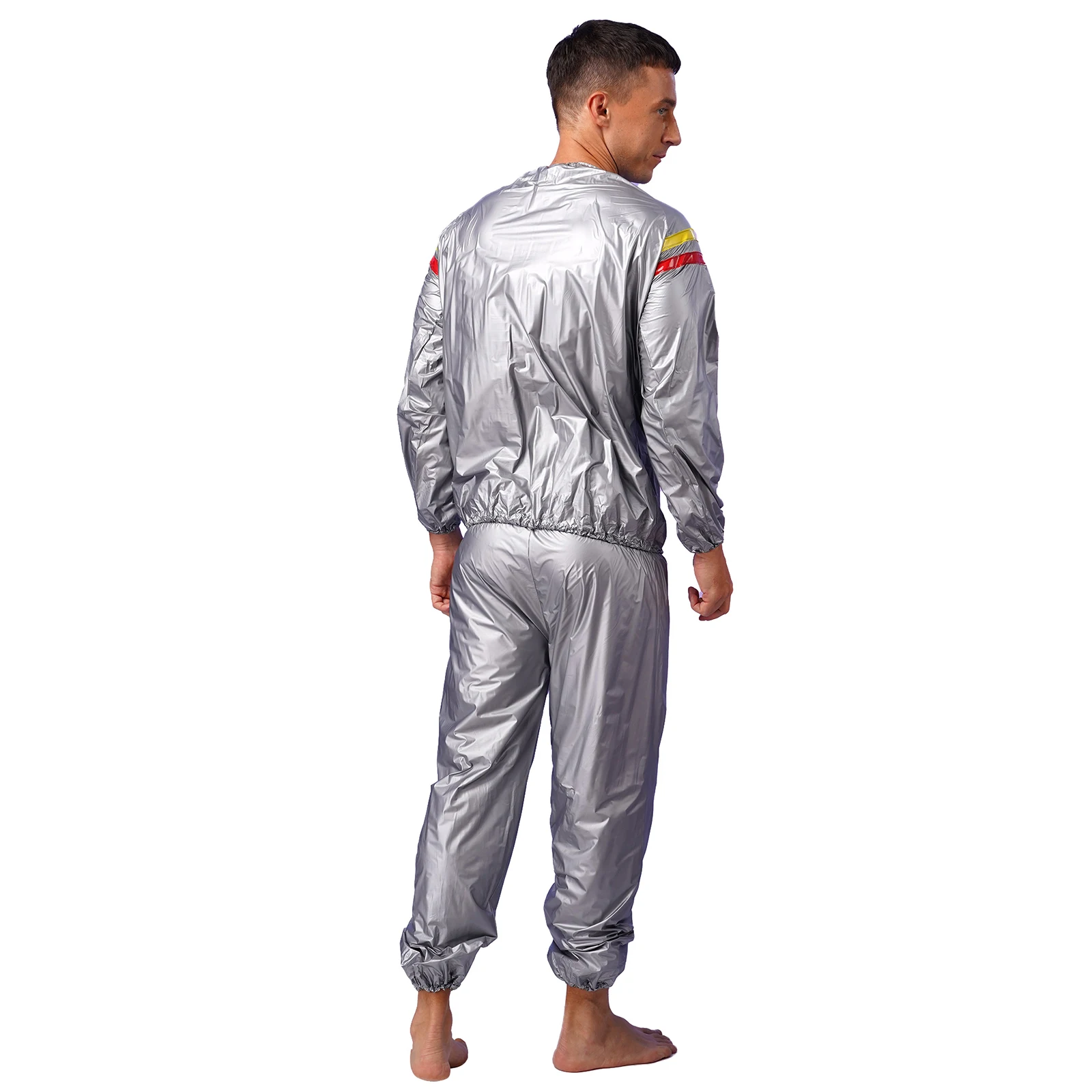 Mens Womens Weight Loss PVC Sauna Suit Fitness Gym Workout Outfits Contrast Color Stripe Long Sleeve Top with Pants