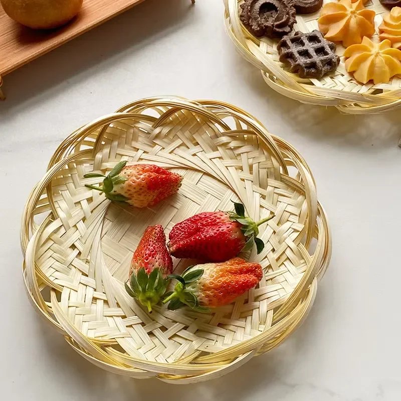 Hand Woven Bamboo and Rattan Round Tray for Home Hotel Restaurant Decor Serving Bread Coffee Fruit Sweets