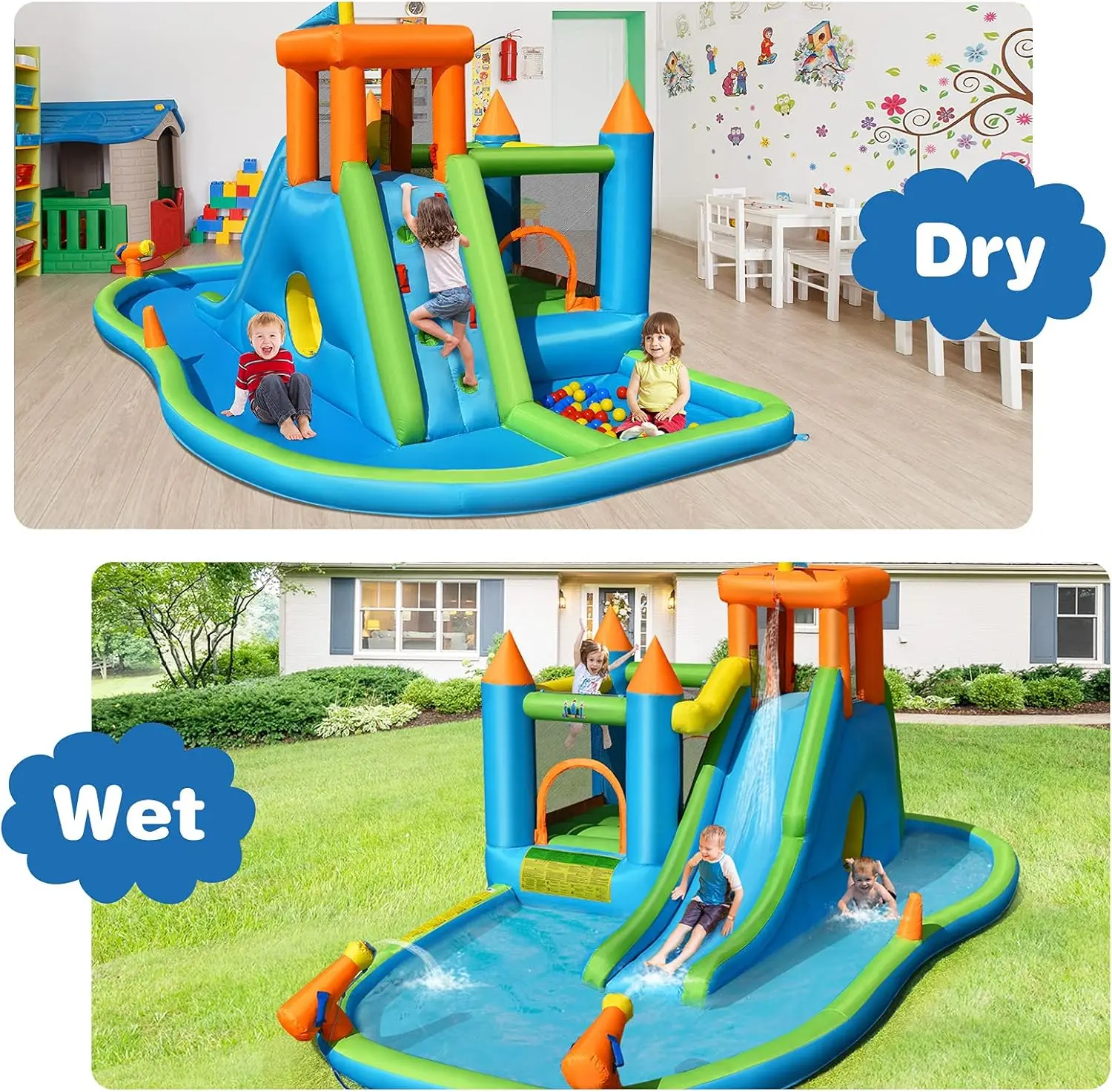 Nadmuchiwana zjeżdżalnia wodna, zjeżdżalnia wodna Bounce House z basen z piłkami dla dzieci na świeżym powietrzu z 735W dmuchawa powietrza, jaskinia W chowanego, basen plusk