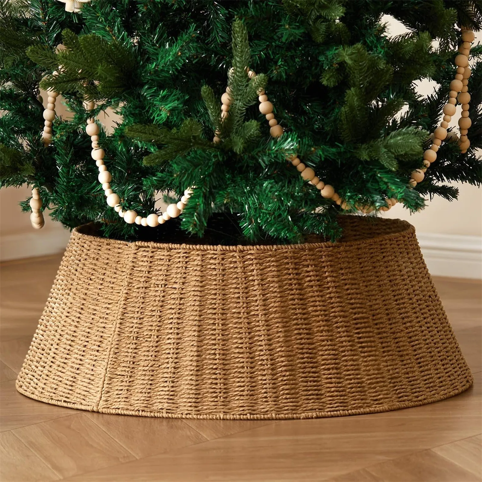 Rustic Woven Christmas Tree Skirt Collar 28 Inch Wicker Tree Base Stand Cover Artificial Holiday Decor Skirt Basket Tree Stable