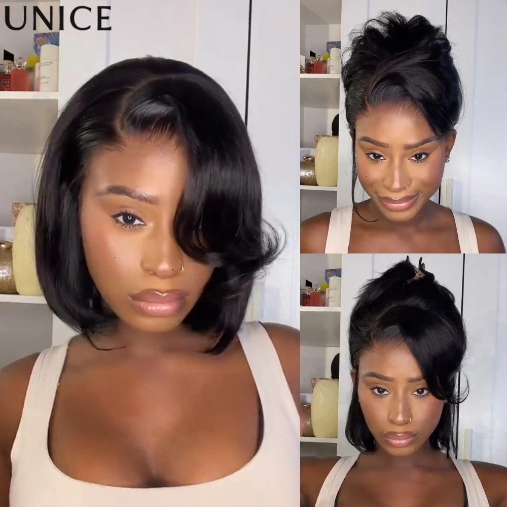 

UNice 7x5 Lace No-Slip Cap Straight Bob Wig With Side Part Bangs 100% Human Hair Glueless Wig Ready To Wear 150% Density