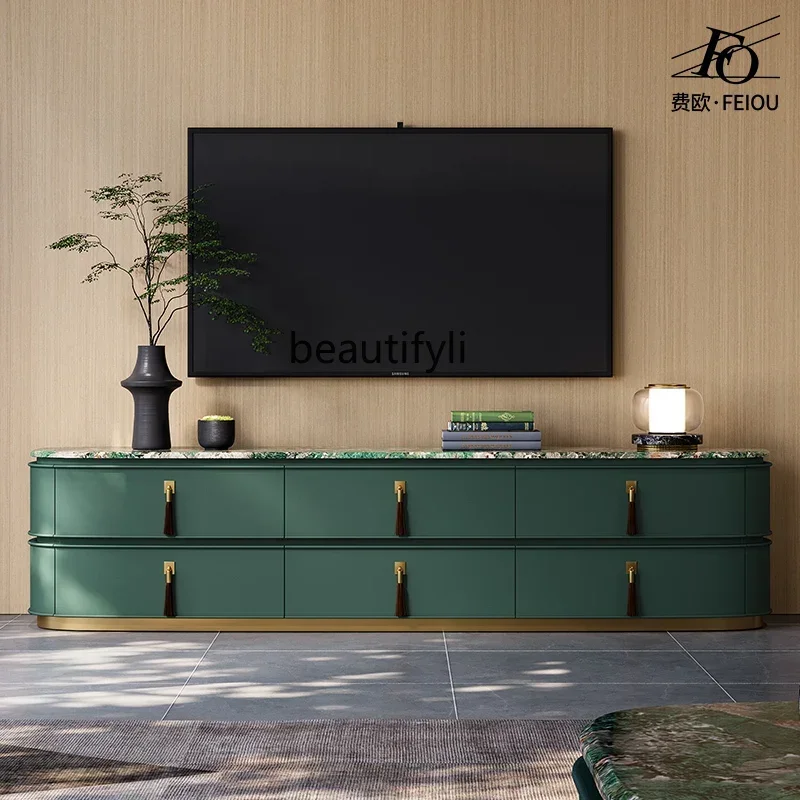 Light luxury TV cabinet large flat-floor villa living room post-modern Italian high-end marble coffee table floor cabinet