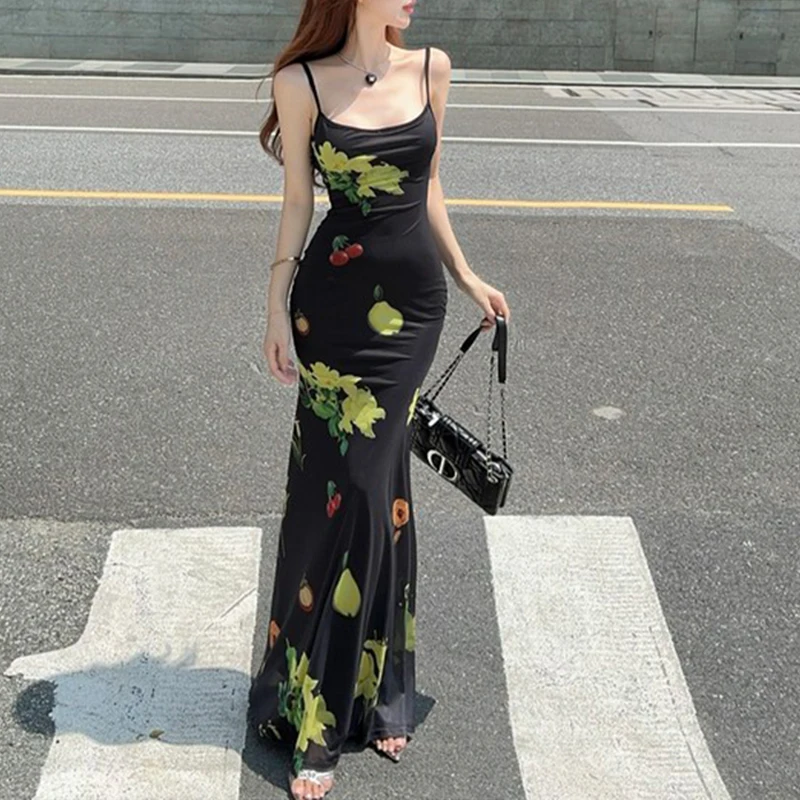 Women Sling Dresses Summer New Streetwear Sexy Backless Black Maxi Dress Fashion Fruit Print Elegant Casual Slim Female Dresses