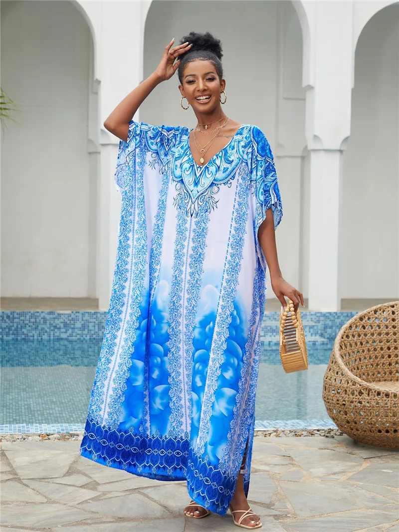 Robe de plage style caftan bleu pour femmes, tunique en coton, col en V, cochon size, cover-up pour bikini, Industries ong, été