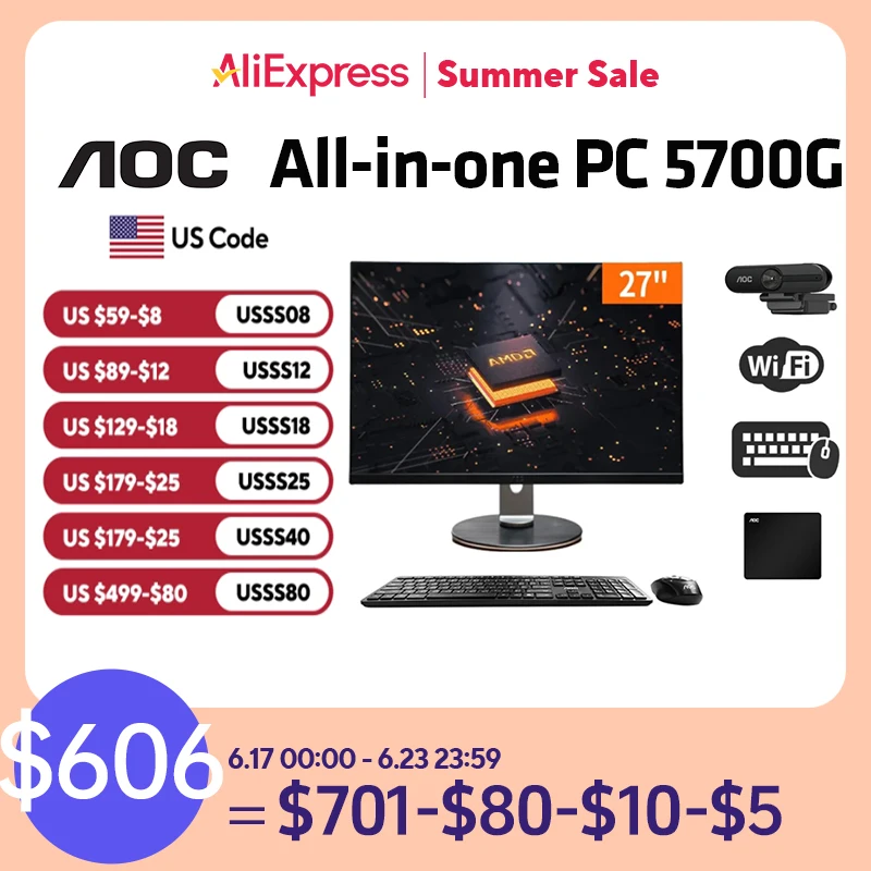 AOC All-in-one Computer 27-inch AMD 5700G+16G+512G Desktop Gaming Adjustment AIO Home Office Game Computer Desktops 올인원 데스크탑