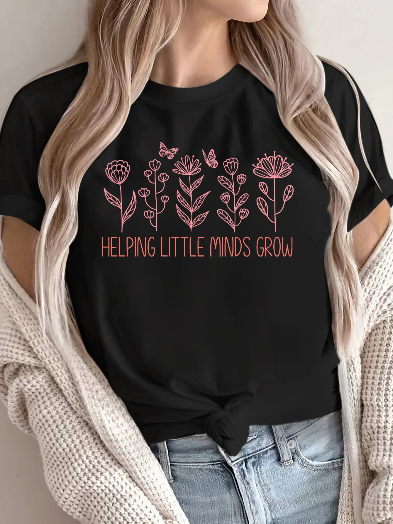 

Women's Help Little Minds Grow Print T-Shirt Round Neck Short Sleeve Cotton Tees Retro Hip Hop Y2k T-shirt Summer Women Clothing