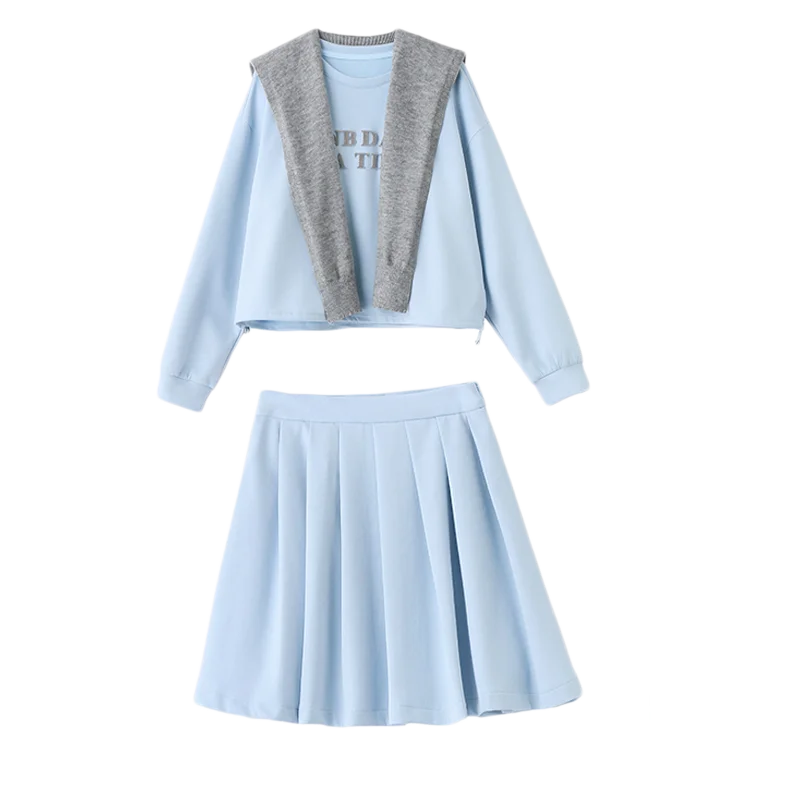 2025 T-shirt corta a maniche lunghe stile preppy T-shirt corta a vita alta con orlo a pieghe Minigonna a trapezio Set da 2 pezzi