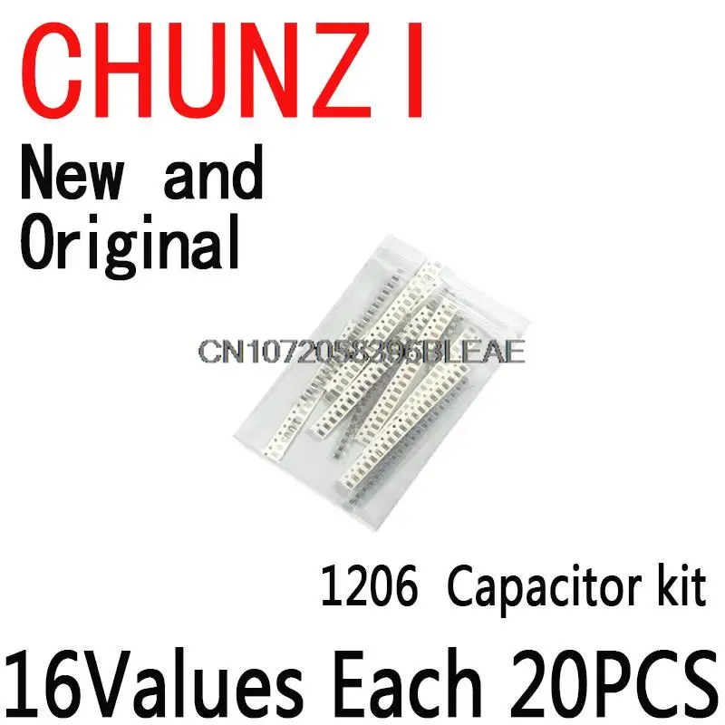 16Values*20PCS=320PCS New and Original 1206 SMD Capacitor Assorted Kit 10pF-475M Component Diy Samples Kit