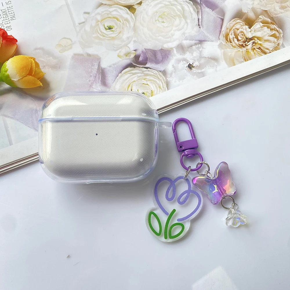 For Sony WF-1000XM4 / XM3 Case Tulip Flower&keychain Transparent Silicone Earphone Cover for SonyWF-1000XM3 Hearphone Box