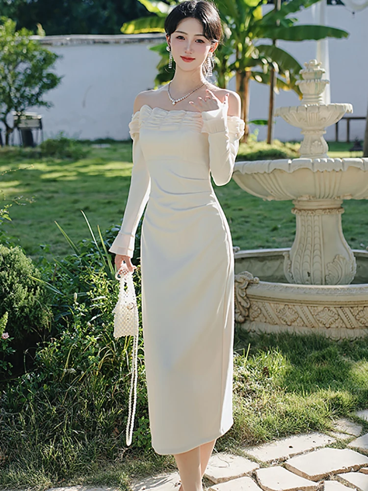 Women Red Patchwork Slash Neck Sexy Dress with Long Sleeve Autumn Winter Elegant Bodycon Dress 2025 Korean Fashion Casual Dress