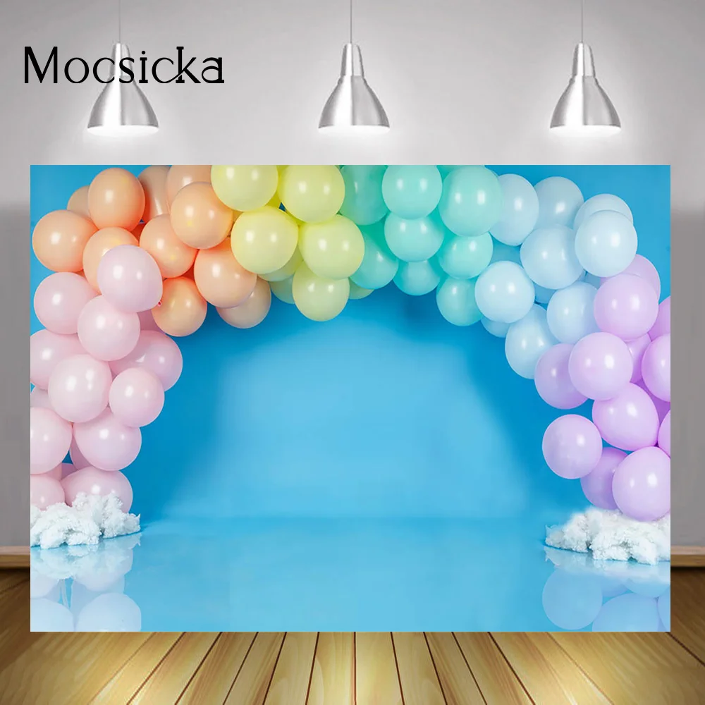 

Boy Cake Smash Blue Backgrounds Photography Rainbow Balloons Wall Baby Birthday Backdrop Studio Portrait Photo Shoot Supplies