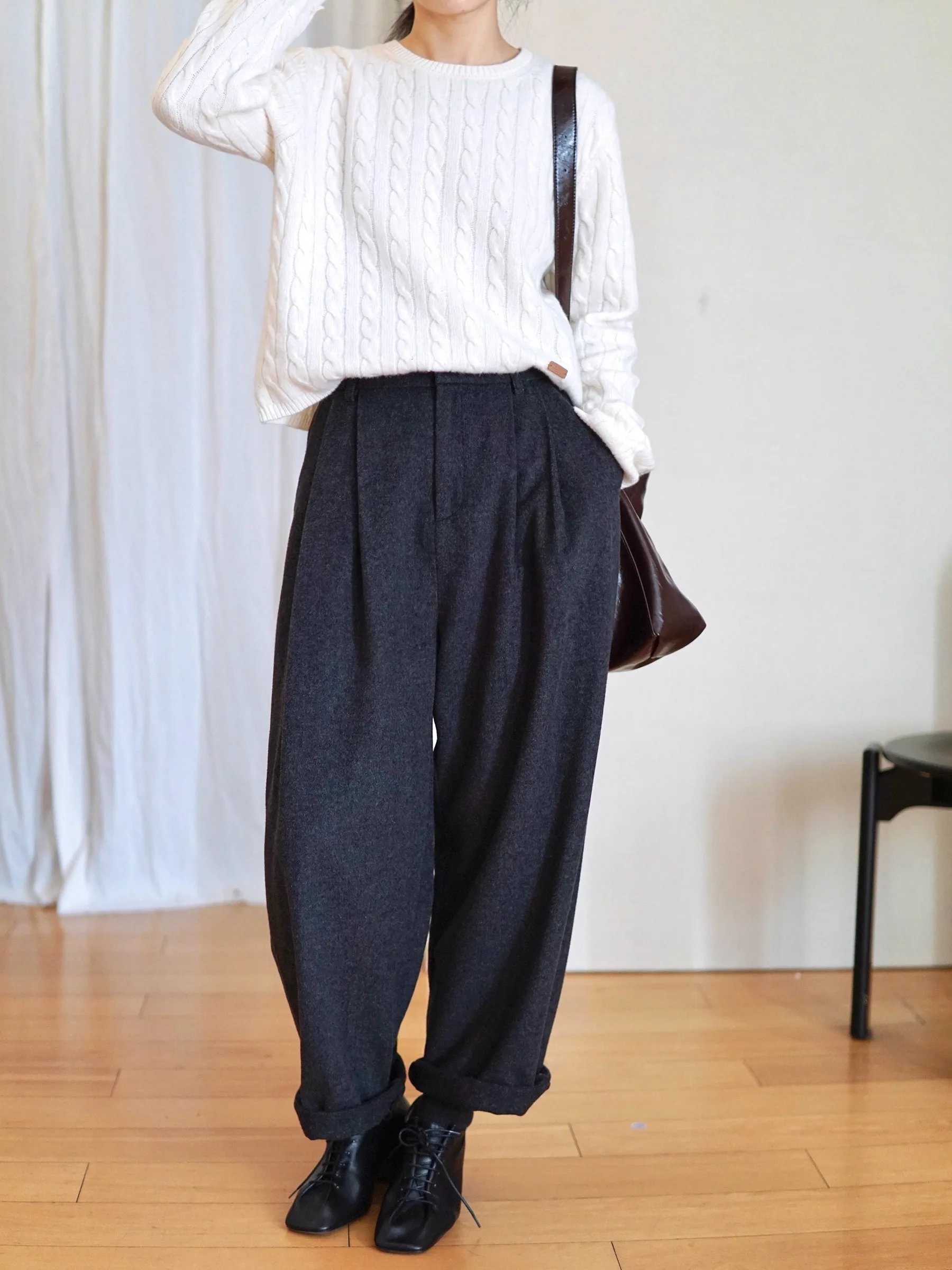 

Original QU High Waist Straight Leg Woolen Pants Women's Autumn Winter Loose Commute Profional Anti-Wrinkle Eighteen Pants