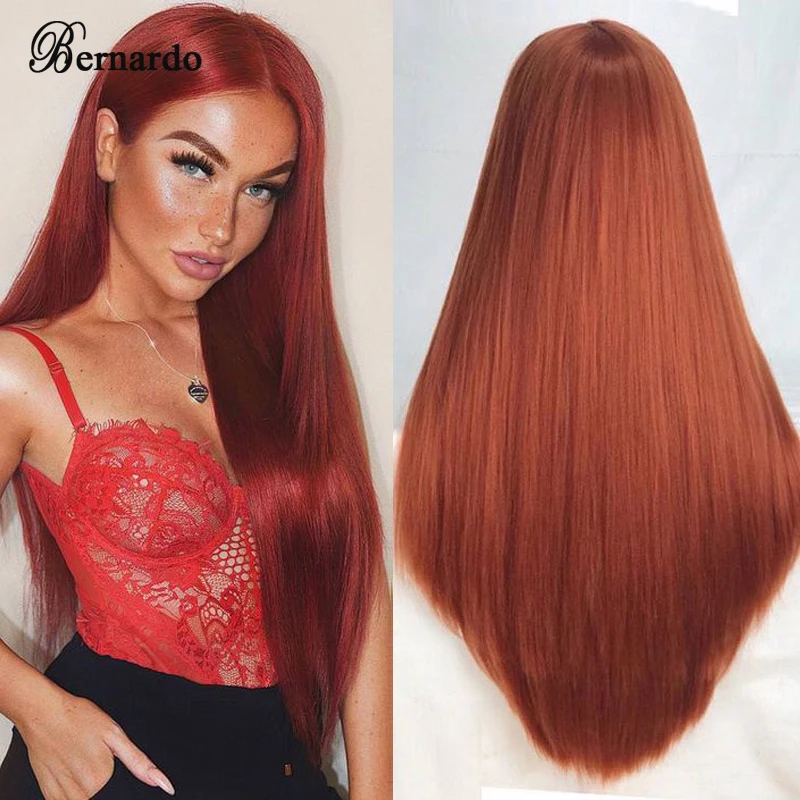 Jundo-Peluca de cabello sintético liso con malla frontal, pelo de bebé de fibra resistente al calor, sin pegamento, color jengibre