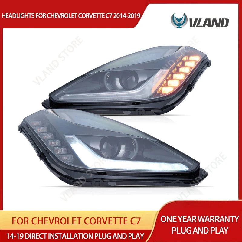 VLAND 2014-2019 Corvette C7 LED Dual-Beam-Projektionsscheinwerfer DRL Sequentieller Blinker Frontleuchten Paar Set von 2 Stück
